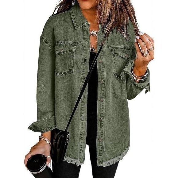 Zeagoo Olive Green Denim Shacket Jacket Frayed Hem Button Up Oversized XL - Picture 2 of 7